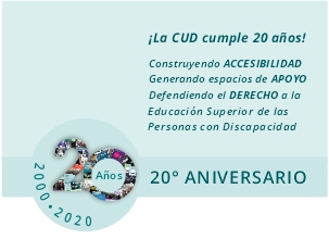 Flyer para difusión de los 20 años de la CUD. Contiene la identidad de la campaña (en un círculo celeste, el número 20 construido con partes de las gráficas y fotos de las distintas actividades realizadas y los años 2000-2020 en semicírculo, rodeando al 20). Además la frase "veinte años construyendo accesibilidad, generando espacios de apoyo, defendiendo los derechos de las personas con discapacidad" y las marcas institucionales de la CUD y de la Dirección de Inclusión, Discapacidad y DDHH de la UNLP.