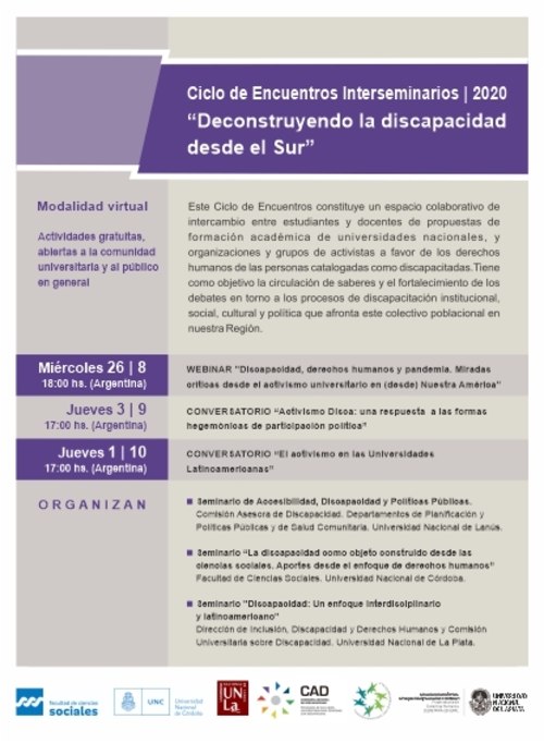 La imagen corresponde a la gráfica para la difusión del programa de los encuentros. Contiene la misma información que la del posteo organizada en planos y bandas en distintas tonalidades de violeta y gris.