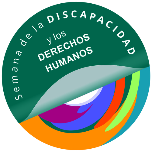 Símbolo de la Semana (de forma circular donde una parte color verde, se pliega dejando ver una zona multicolor. Sobre el área verde, la frase "Semana de la DISCAPACIDAD y los DERECHOS HUMANOS" organizada en círculo)